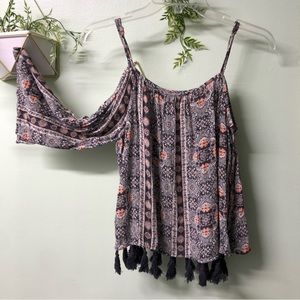 American Eagle XS Cold Shoulder Top Floral Tassels Bell Sleeves Adjustable